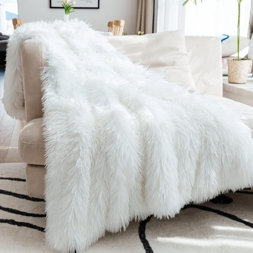 Luxurious White Faux Fur Throw Blanket